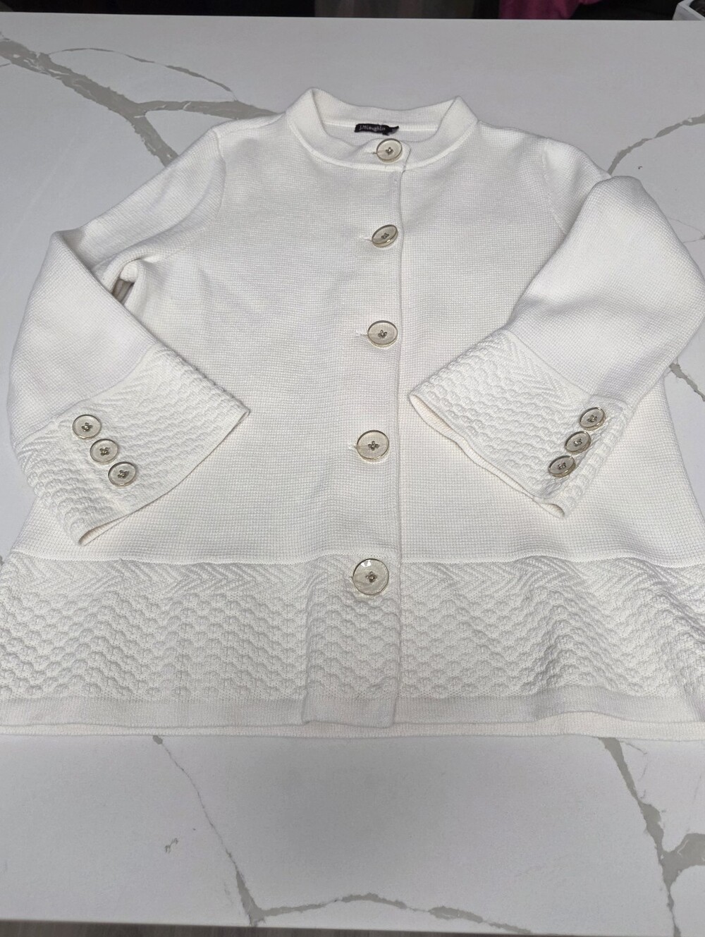 J.McLaughlin Cream Knit Mandarin Collar Cardigan Jacket 3/4 Sleeve Fall Classic